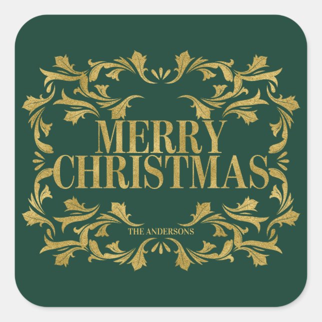 Elegant Verziert Gold Frohe Weihnachtsaufkleber Quadratischer Aufkleber (Vorderseite)