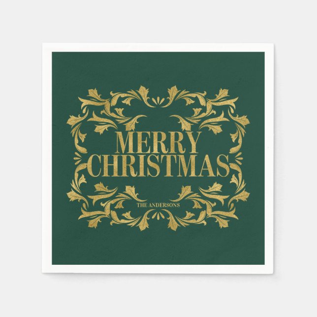 Elegant Verziert Gold Frohe Weihnachtszeitung Napk Serviette (Vorderseite)