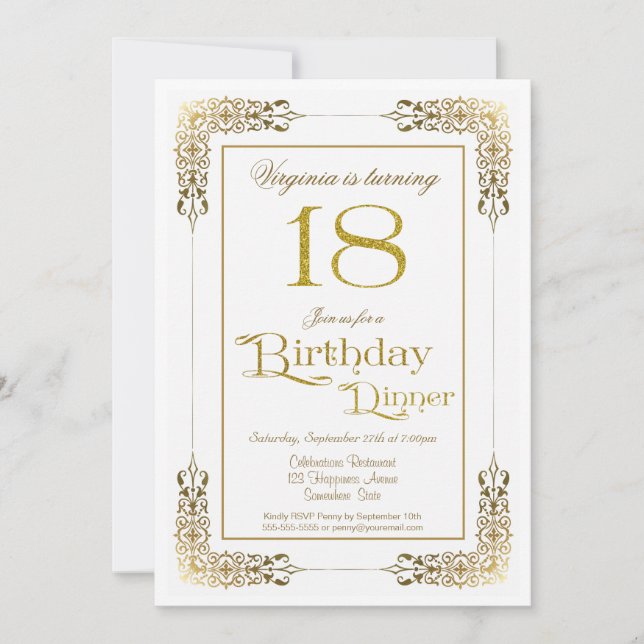 Elegant Verziert Gold Lace 18. Geburtstag Abendess Einladung (Vorderseite)