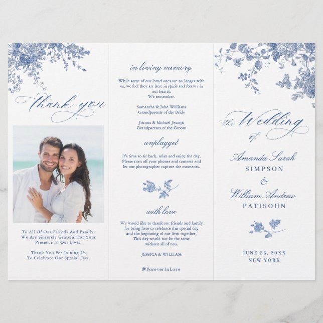 Élégant Victorian Blue Floral Wedding Programme (Devant)