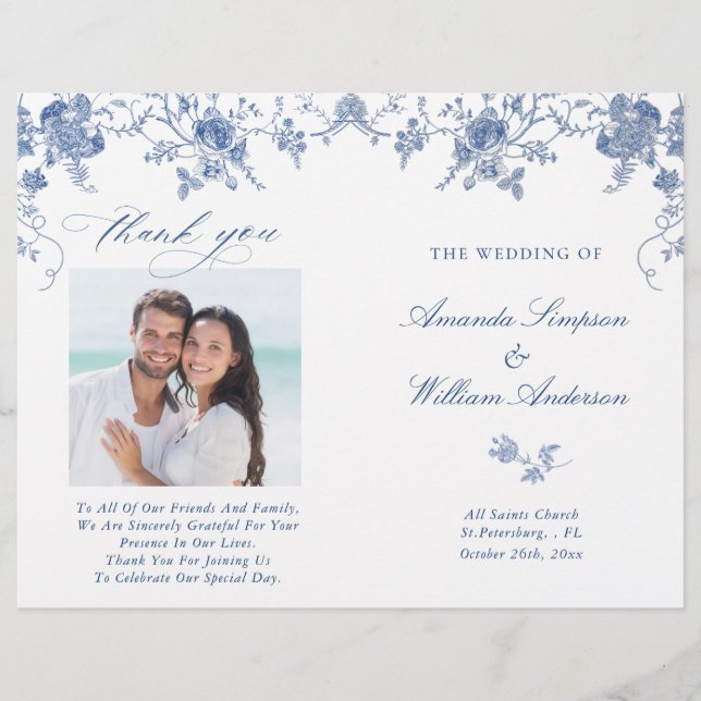 Élégant Victorian Blue Floral Wedding Programme (Devant)