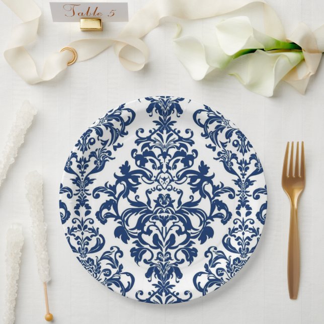 Elegant Victorian Damask Flower Pattern Navy Blue  Pappteller (Hochzeit)