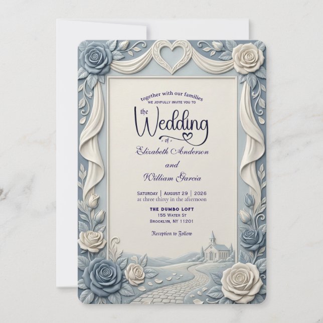 Elegant Victorian Dusty Blue Faux Embossed Rose Einladung (Vorderseite)