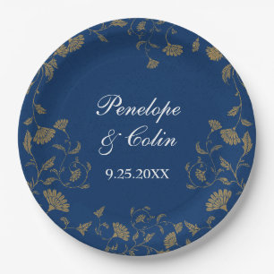 Elegant Vintag Blue Bride Groom Names Wedding Pappteller