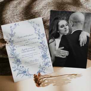 Elegant Vintag Blue Floral Jouy Wedding Einladung