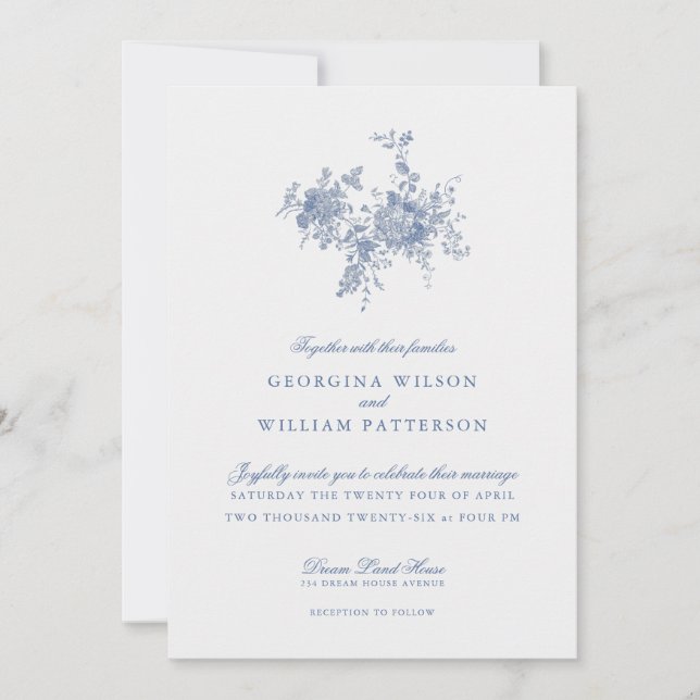 Elegant Vintag Blue Floral Jouy Wedding Einladung (Vorderseite)