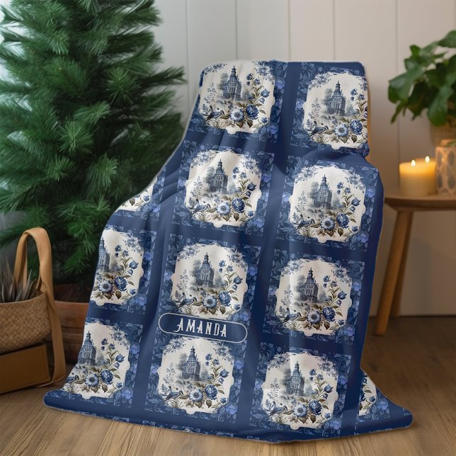 Elegant Vintag Blue Toile de jouy monogram Fleecedecke (Von Creator hochgeladen)