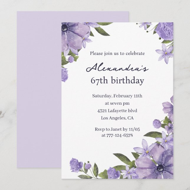Elegant Vintag Boho Floral 67. Geburtstag Einladung (Vorne/Hinten)