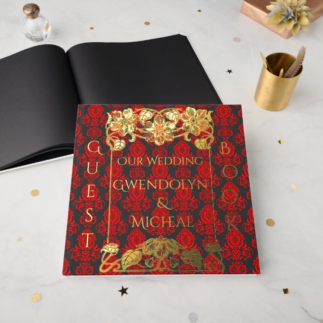 Elegant Vintag Damask Red Gästebuch (Vorderseite Offen)