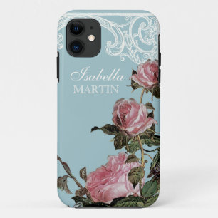 Elegant Vintag Dusty Blue Pink Rose Garden Blumen iPhone 11 Hülle