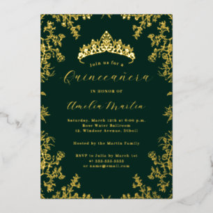 Elegant Vintag Floral Gold Emerald Quinceanera Folieneinladung