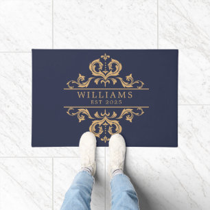 Elegant Vintag Floral Gold Navy Blue Doormat Fußmatte