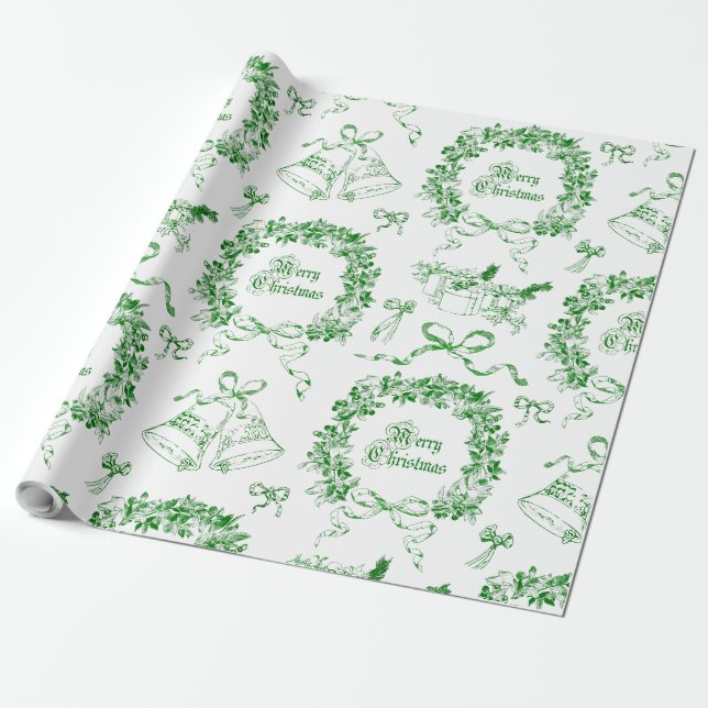 Elegant Vintag frohe Weihnachts Bows Green Toile Geschenkpapier (Ungerollt)