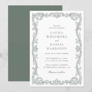 Elegant Vintage Baroque Frame Sage Green Wedding Einladung