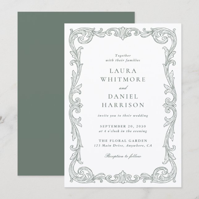 Elegant Vintage Baroque Frame Sage Green Wedding Einladung (Vorne/Hinten)