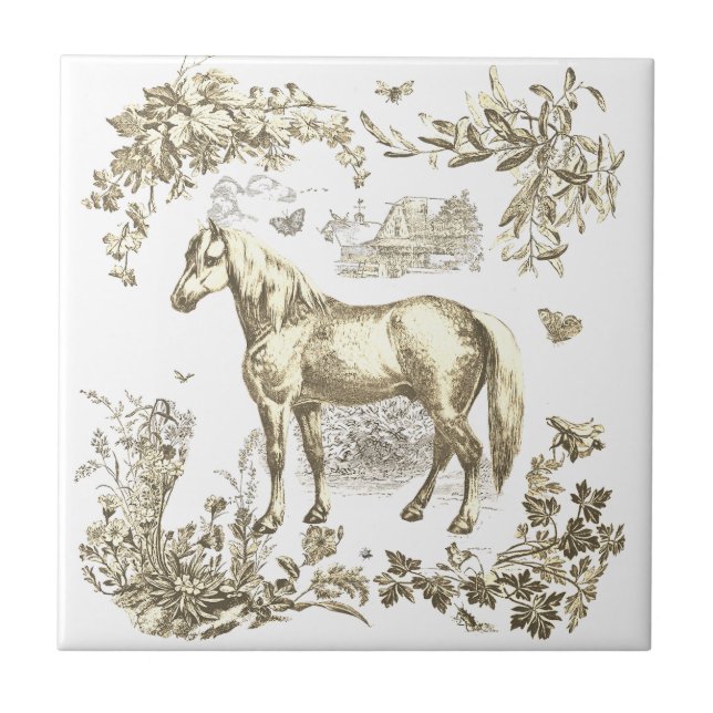 Elegant Vintage Beige Horse Floral Fliese (Vorderseite)