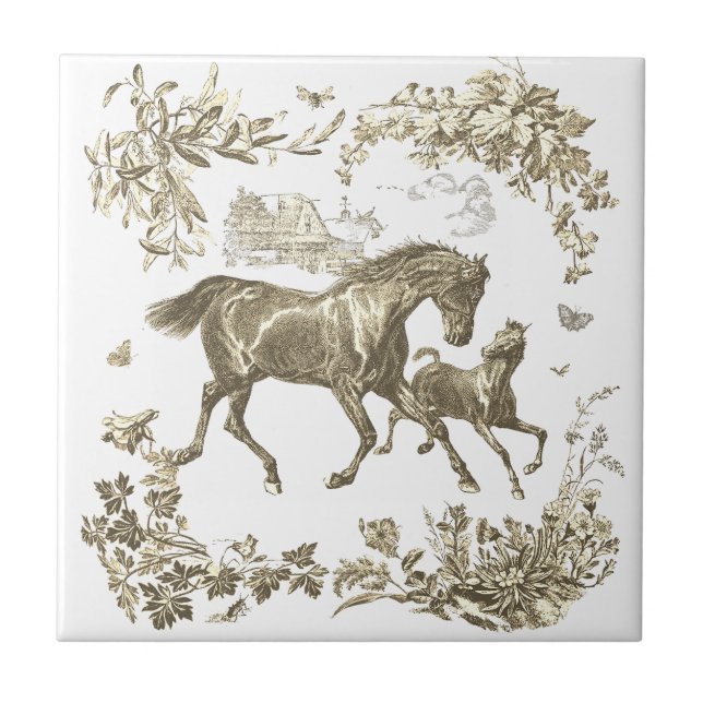 Elegant Vintage Beige Horses Floral Fliese (Vorderseite)