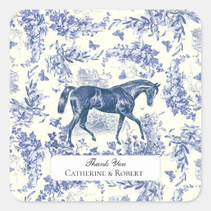 Elegant Vintage Blau Weiß Pferd Blumen Toile Quadratischer Aufkleber