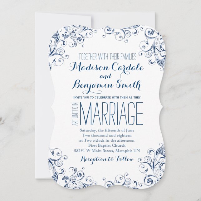 Elégant Vintage Bleu Flourish Mariage Invitations (Devant)