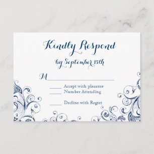 Elégant Vintage Blue Flourish Wedding Cartes RSVP