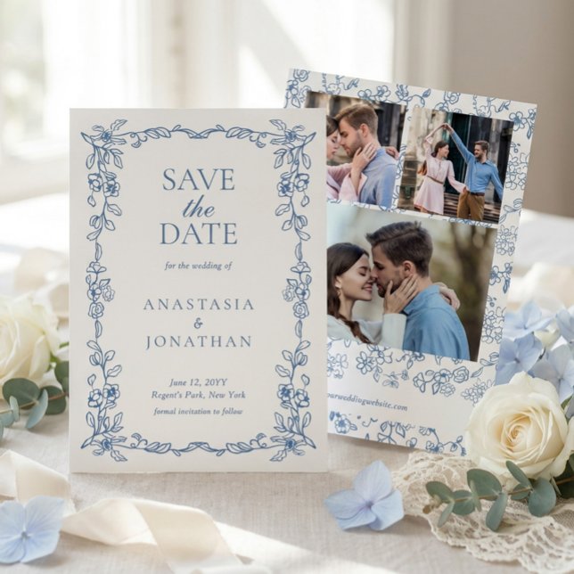 Elegant Vintage Blue Photo Wedding Save The Date (Von Creator hochgeladen)