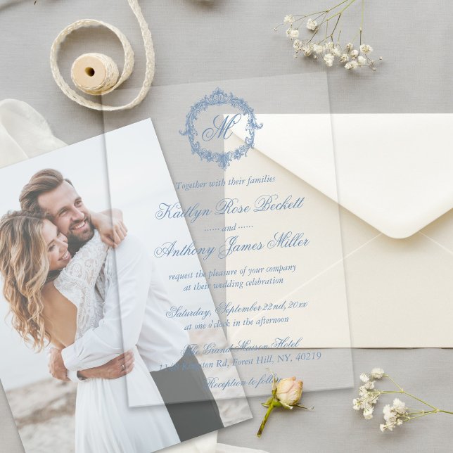 Elegant Vintage Blue Toile Monogram Wedding Acryleinladungen (Von Creator hochgeladen)