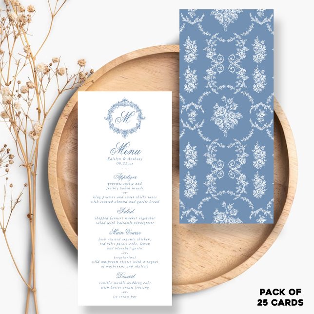 Elegant Vintage Blue Toile Monogram Wedding Menus (Créateur téléchargé)