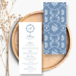 Elegant Vintage Blue Toile Monogram Wedding Menus Menükarte