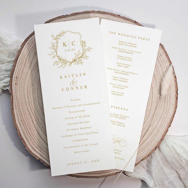 Elegant Vintage Crest Gold Classic Wedding Programm (Elegant wedding programs with vintage crest / wedding logo and wedding party info on back - in gold)