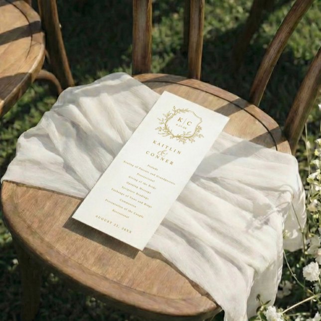 Elegant Vintage Crest Gold Classic Wedding Programm (Printed wedding programs with elegant gold crest and botanicals - greenery)