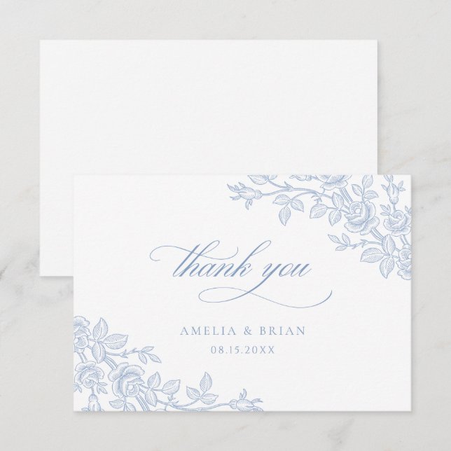 Elegant Vintage Floral Dusty Blue Wedding Dankeskarte (Vorne/Hinten)