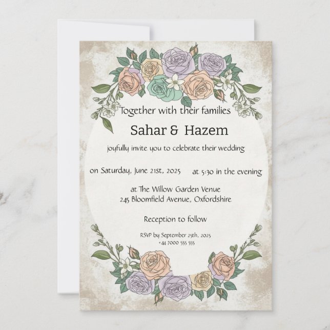 Elegant Vintage Floral Pastel Roses wedding Einladung (Vorderseite)