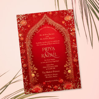 Elegant Vintage Floral Red Gold Indian Wedding Einladung