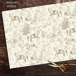 Elegant Vintage Gold Beige Horse Floral Pattern Seidenpapier