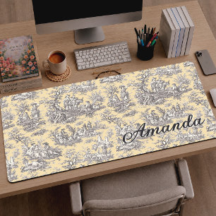 Élégant Vintage Jaune Gris Toile de Jouy Monogramm