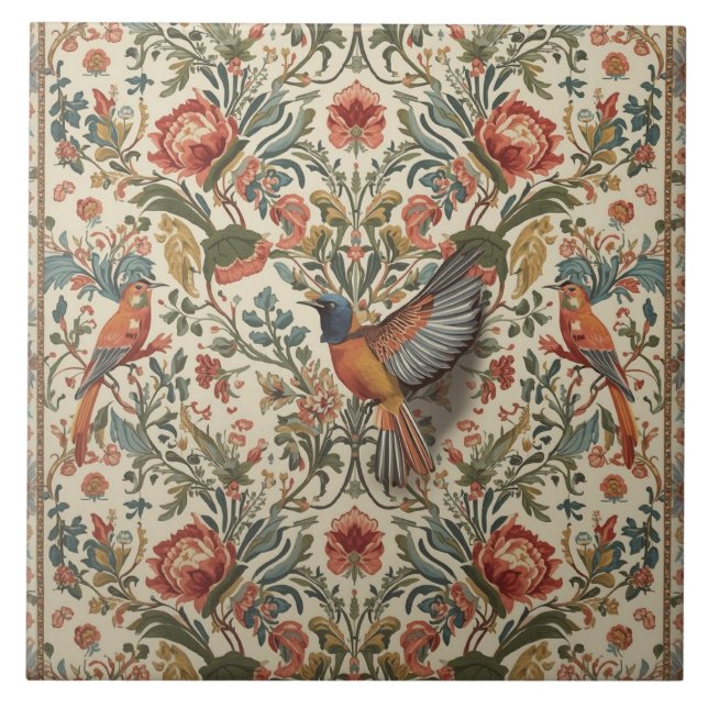 Elegant Vintage Nouveau Floral Birds Fliese (Vorderseite)