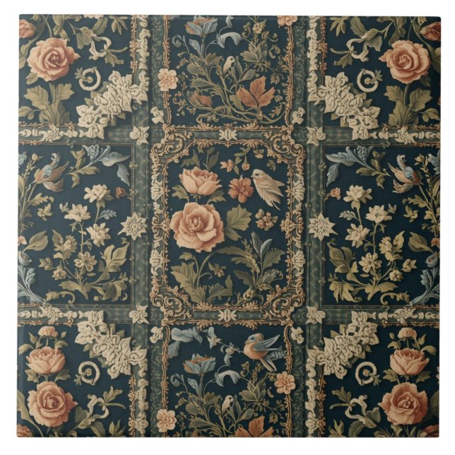 Elegant Vintage Nouveau Floral Birds Fliese (Vorderseite)
