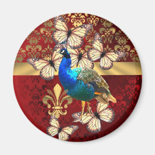 Elegant vintage peacock and red damask magnet