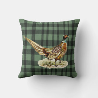 Elegant Vintage Pheasant Bird on Green Plaid Kissen