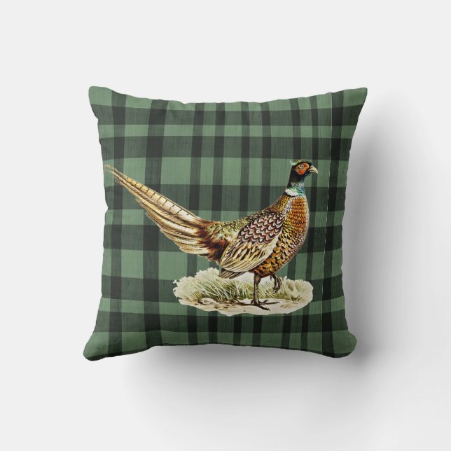 Elegant Vintage Pheasant Bird on Green Plaid Kissen (Rückseite)
