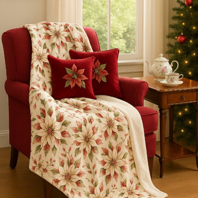 Elegant Vintage Poinsettia Winter  Fleecedecke (Warm and cozy elegant poinsettia fleece blanket )