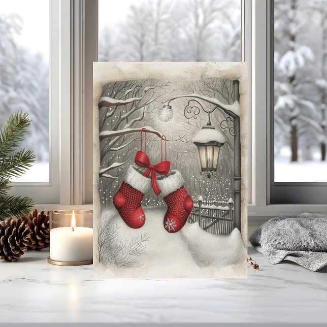 Elegant Vintage Red Christmas Stockings  Karte (Red stockings and snowy stillness make this vintage holiday card a heartfelt classic)