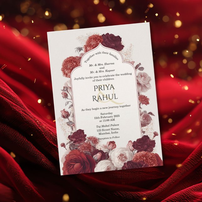 Elegant Vintage Red Floral Indian Wedding Einladung (Indian wedding invitation with the indian arch and red flowers)