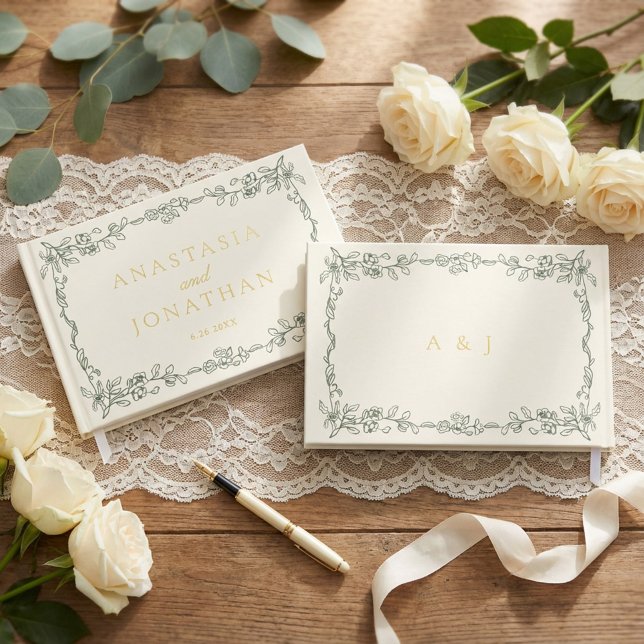 Elegant Vintage Sage Green Monogram Wedding  Gästebuch (Von Creator hochgeladen)