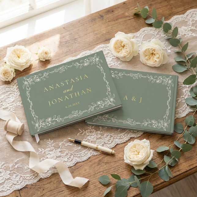 Elegant Vintage Sage Green Monogram Wedding  Gästebuch (Von Creator hochgeladen)