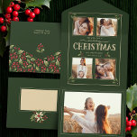 Elegant Vintage Style Merry Christmas 4-Photo  All In One Einladung<br><div class="desc">This classic and elegant design features a four-photo template, tailored thin line ecru borders, custom Merry Christmas typography and decorative vintage style holly leaves and berries on a dark sage green background. The panels feature editable message and personalization text fields, complementary floral graphics and a bonus tearaway keepsake photo template....</div>