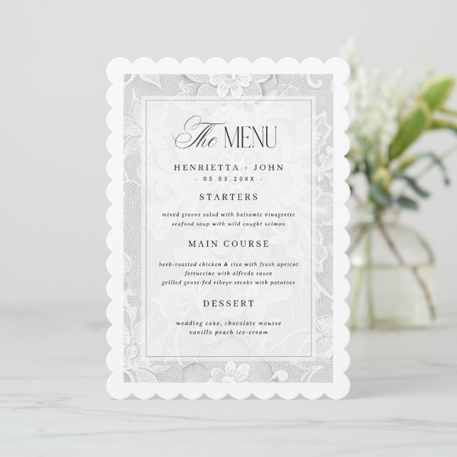 Elegant Vintage White Lace Wedding Menu Card Einladung (Stehend Vorderseite)