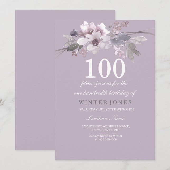 Élégant violet floral 100e anniversaire Invitation (Devant / Derrière)