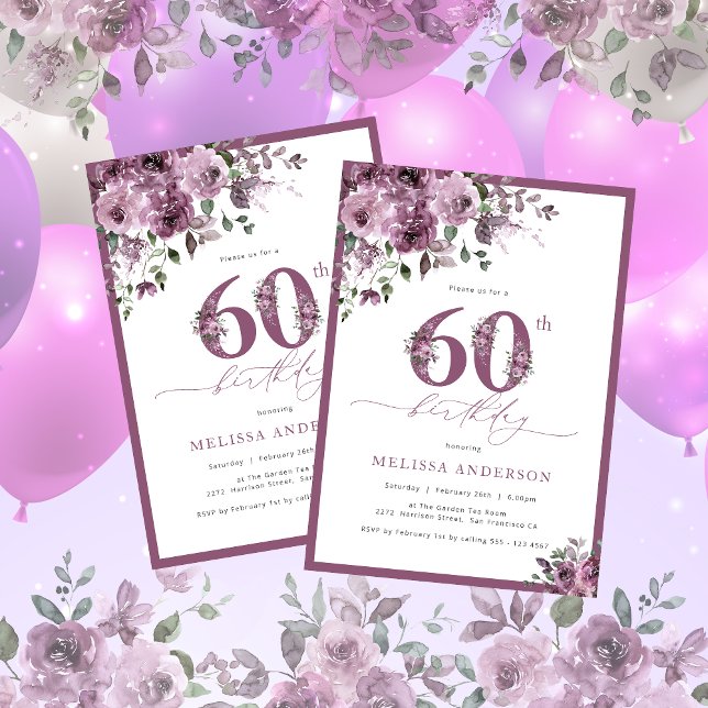 Élégant violet floral 60e anniversaire Invitation (Créateur téléchargé)