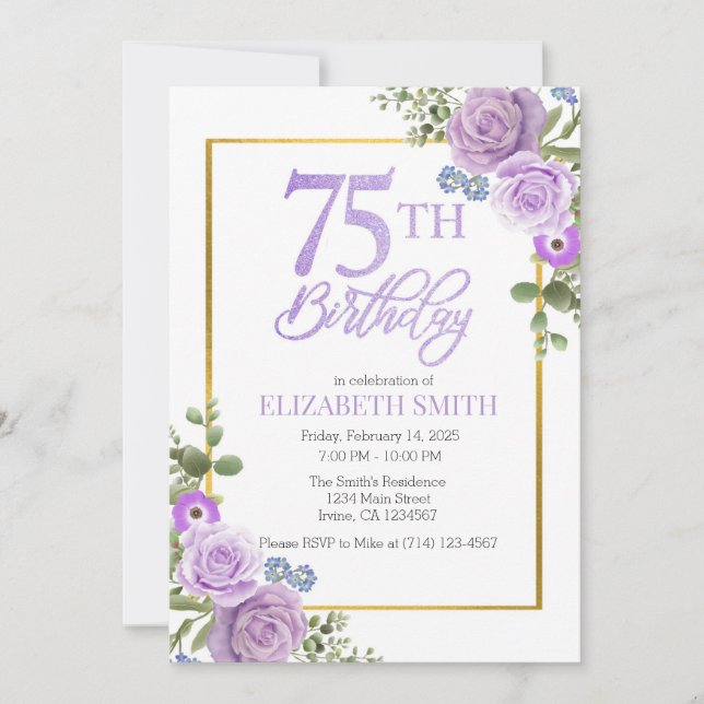 Elégant violet floral 75e anniversaire Invitation (Devant)